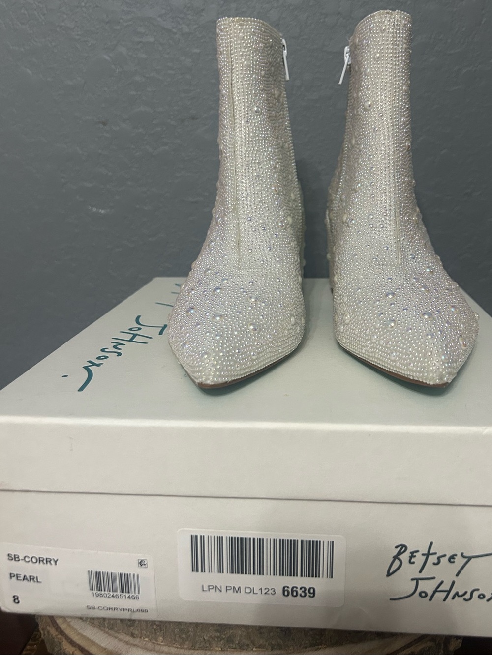 Betsey Johnson Pearl White Crystal Sock Ankle Boots size 8